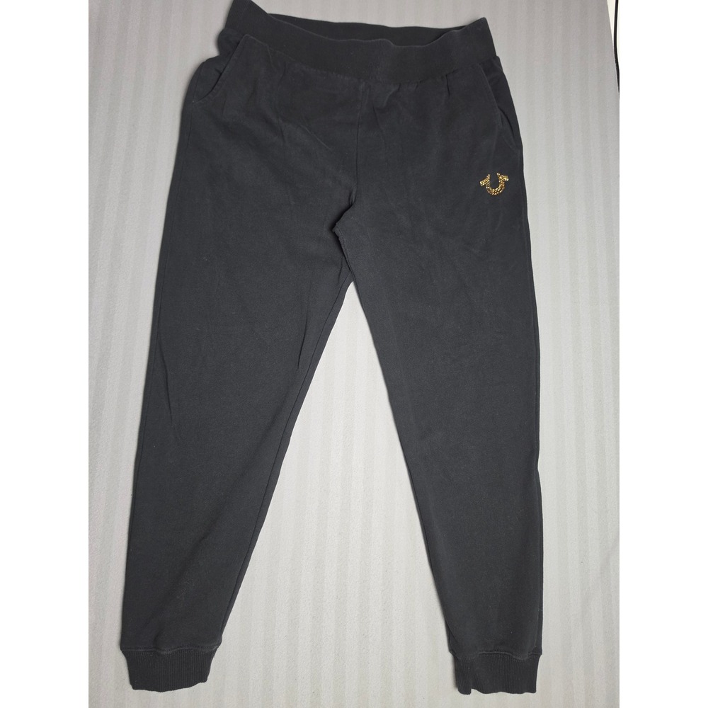 True Religion Crystal Slim Jogger Black Fleece Sweatpants Gold Horseshoe XL